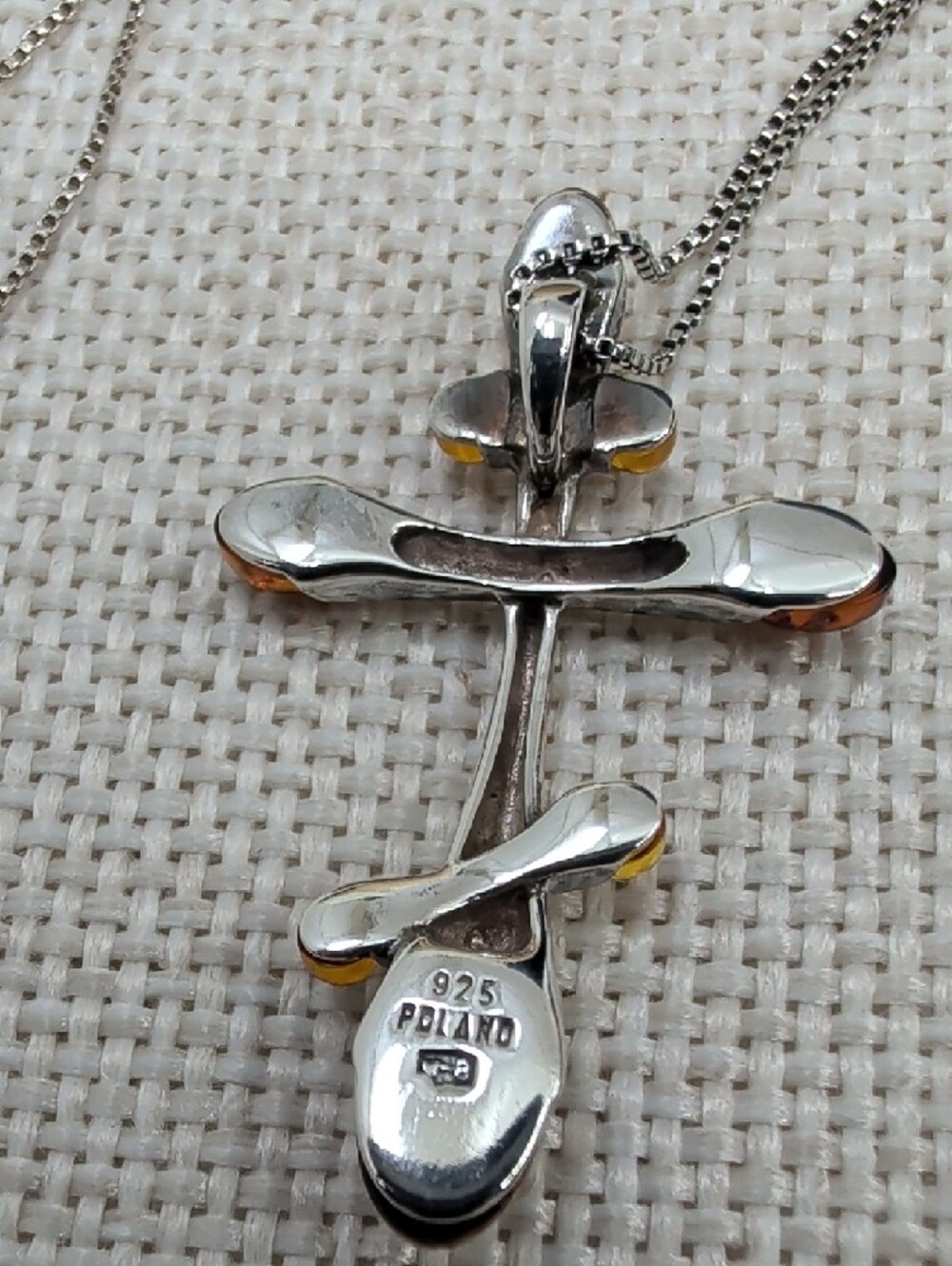 Vintage Baltic Amber Sterling Silver Cross Pendant Necklace 925 Poland 18" - Picture 3 of 16